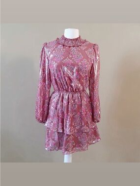 Pink Floral Ruffle Neck Long-Sleeve Dress